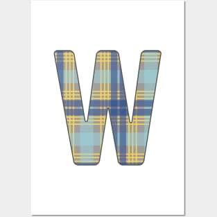 Monogram Letter W, Blue, Yellow and Grey Scottish Tartan Style Typography Design Posters and Art